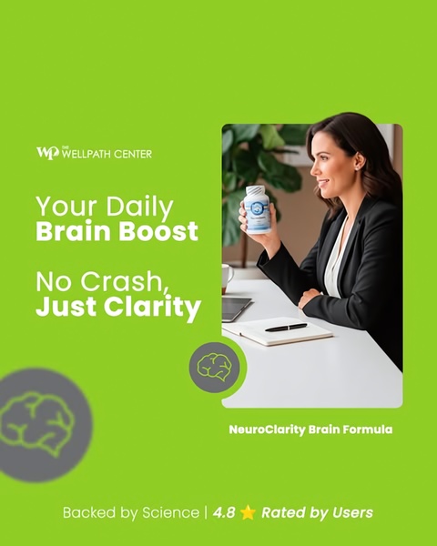 A clean, feature-focused ad for a brain supplement featuring a professional user and clear, benefit-driven text.